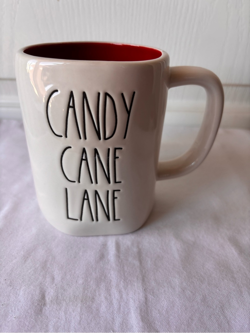 Rae Dunn CANDY CANE LANE Mug red inside